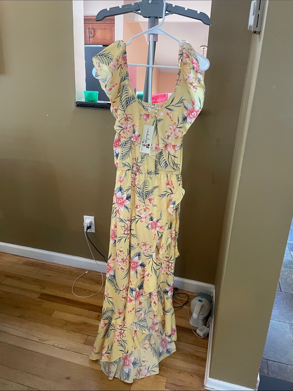 indulge Yellow Floral Wrap-Style Dress w/Pink Accents, Boho, Hi-Low, Tropical, L
